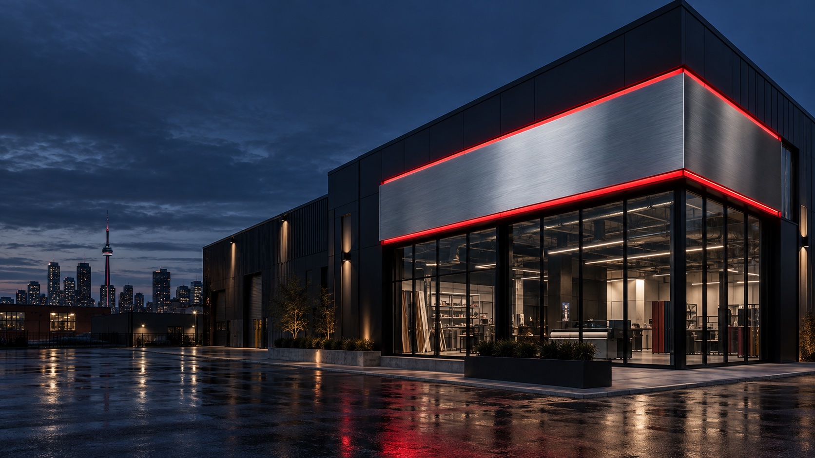 Architectural signage concept at dusk
